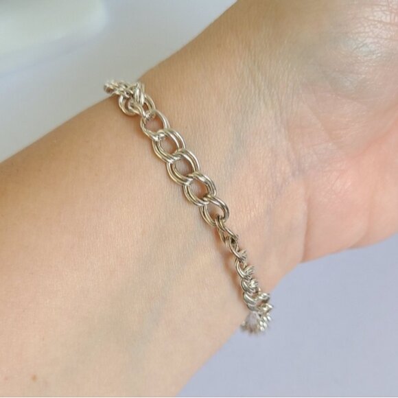 Vintage Double Curb Link Heart Padlock Key Charm Sterling Silver Chain Bracelet - Picture 11 of 11